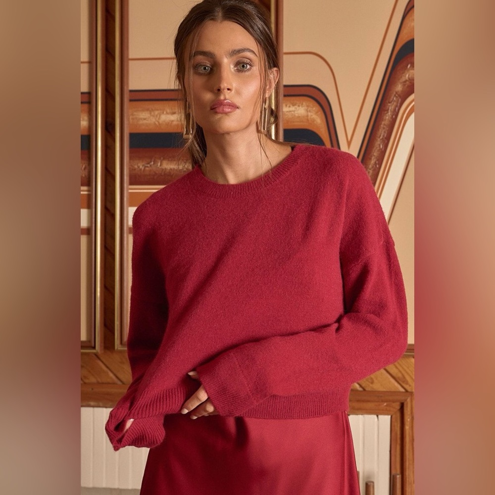 NWT MITTOSHOP Fuzzy Knit Crop Sweater Top in Dark Red